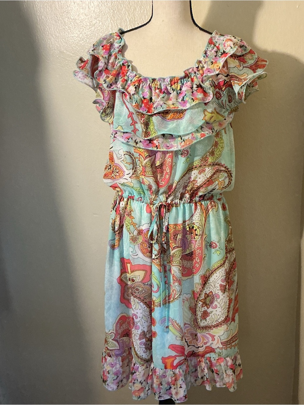 Melissa Paige XL Ruffled Paisley Boho Dress in Aqua and Coral lined Midi Dress